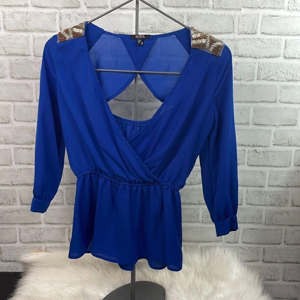 XOXO ROYAL BLUE Beaded Shoulder Top Key Hole Back Size Small